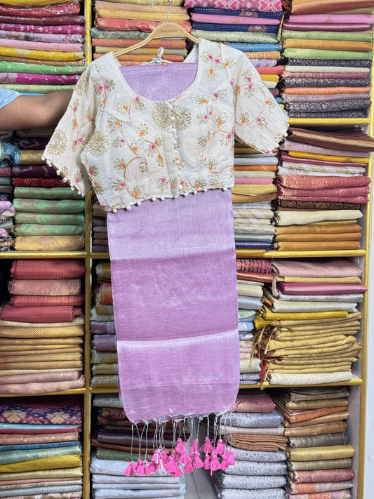 Light Pink Plain Tissue Saree with Work Blouse Combo