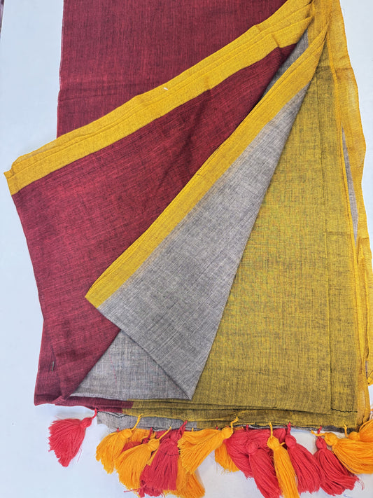Maroon-Mustard-Grey Triple Shade Mul-Cotton Saree