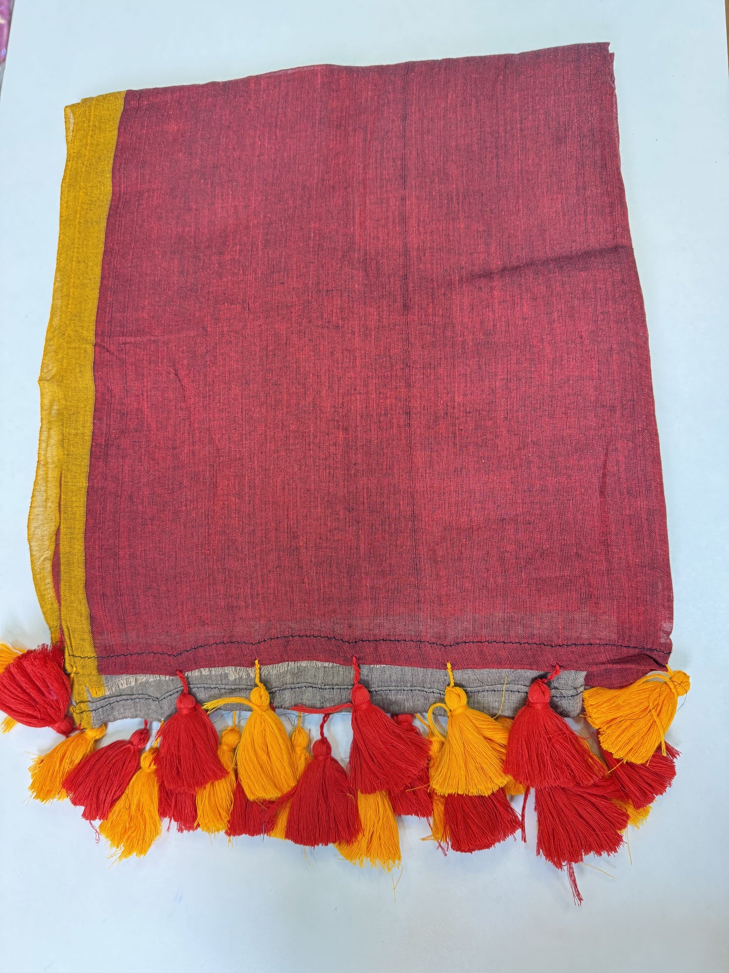 Maroon-Mustard-Grey Triple Shade Mul-Cotton Saree