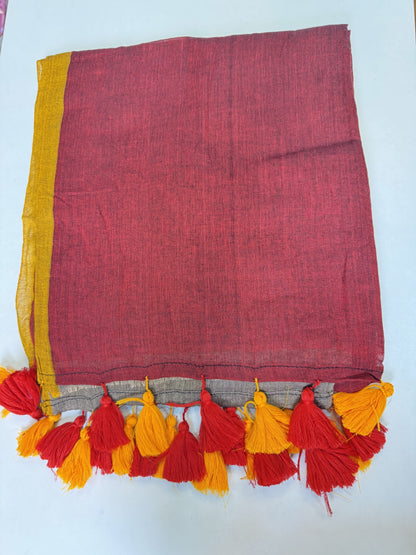 Maroon-Mustard-Grey Triple Shade Mul-Cotton Saree