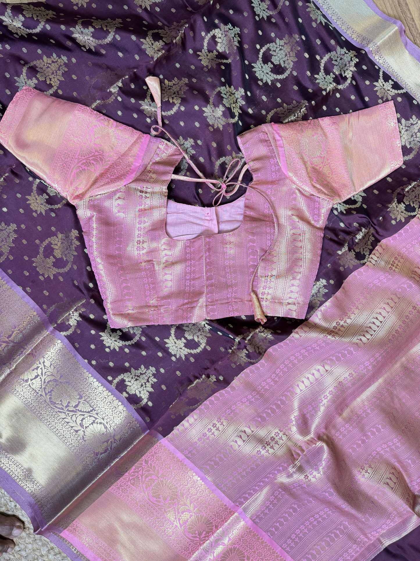 Wine with Pastel pink Soft Banarasi Saree With Stitched Blouse