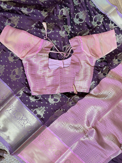 Wine with Pastel pink Soft Banarasi Saree With Stitched Blouse