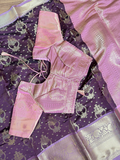 Wine with Pastel pink Soft Banarasi Saree With Stitched Blouse