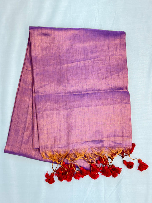 Light Purple Red Tassels Plain Tissue Saree