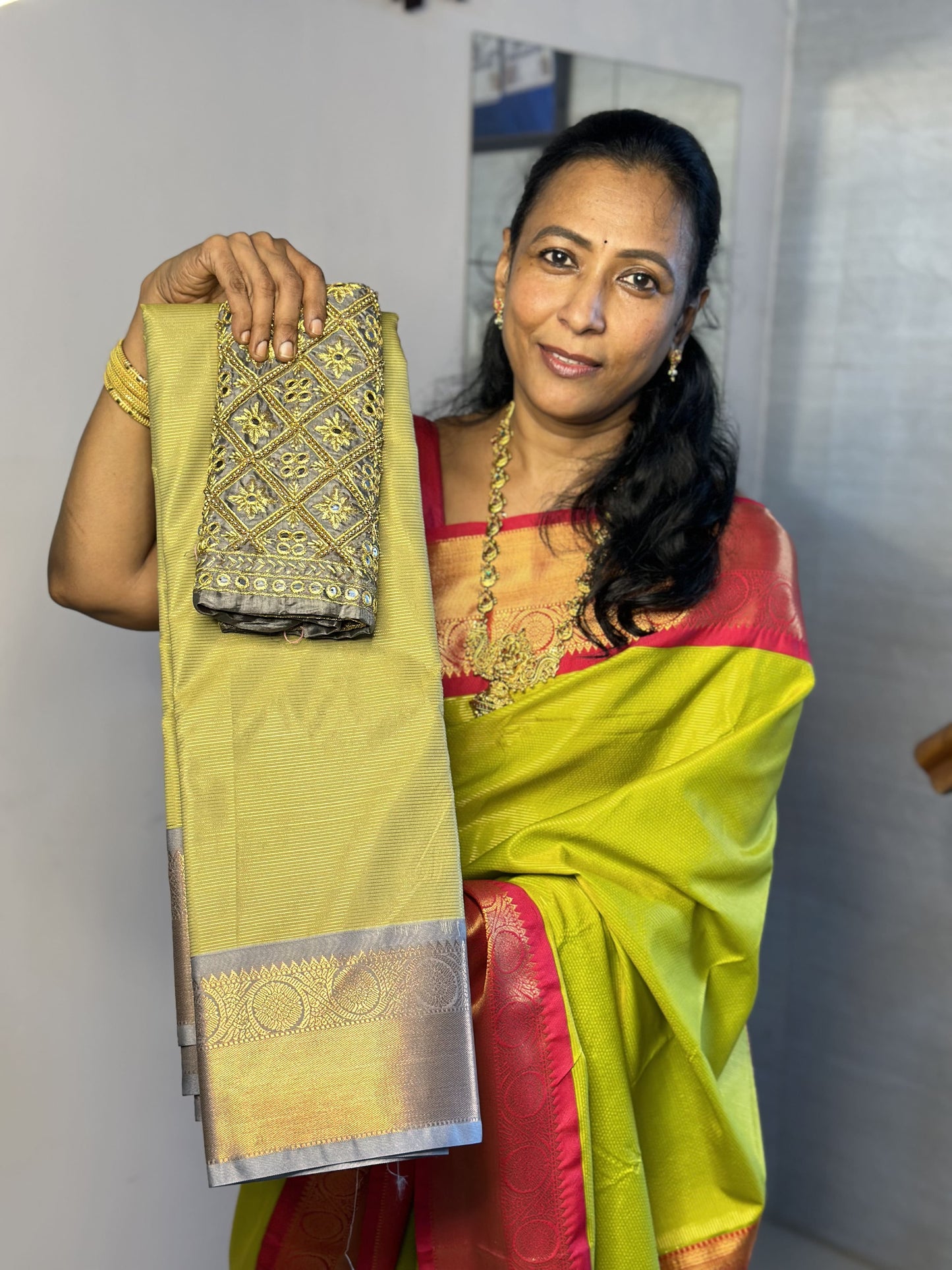 Olive Green Premium Semi Silk Saree with Work Blouse Combo