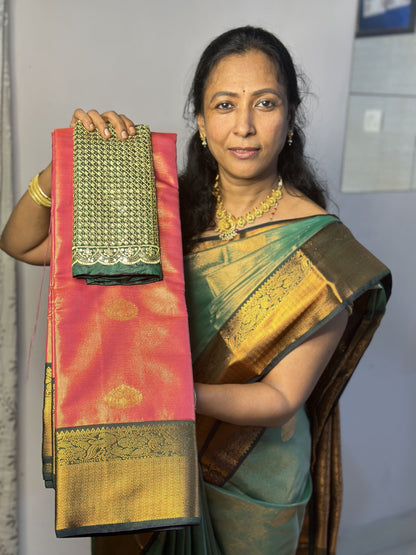 Tomato Pink Premium Semi Silk Saree with Work Blouse Combo