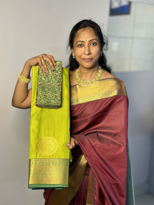 Neon Green Premium Semi Silk Saree with Work Blouse Combo