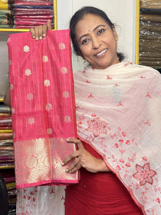 Tomato Pink Soft Silk Saree