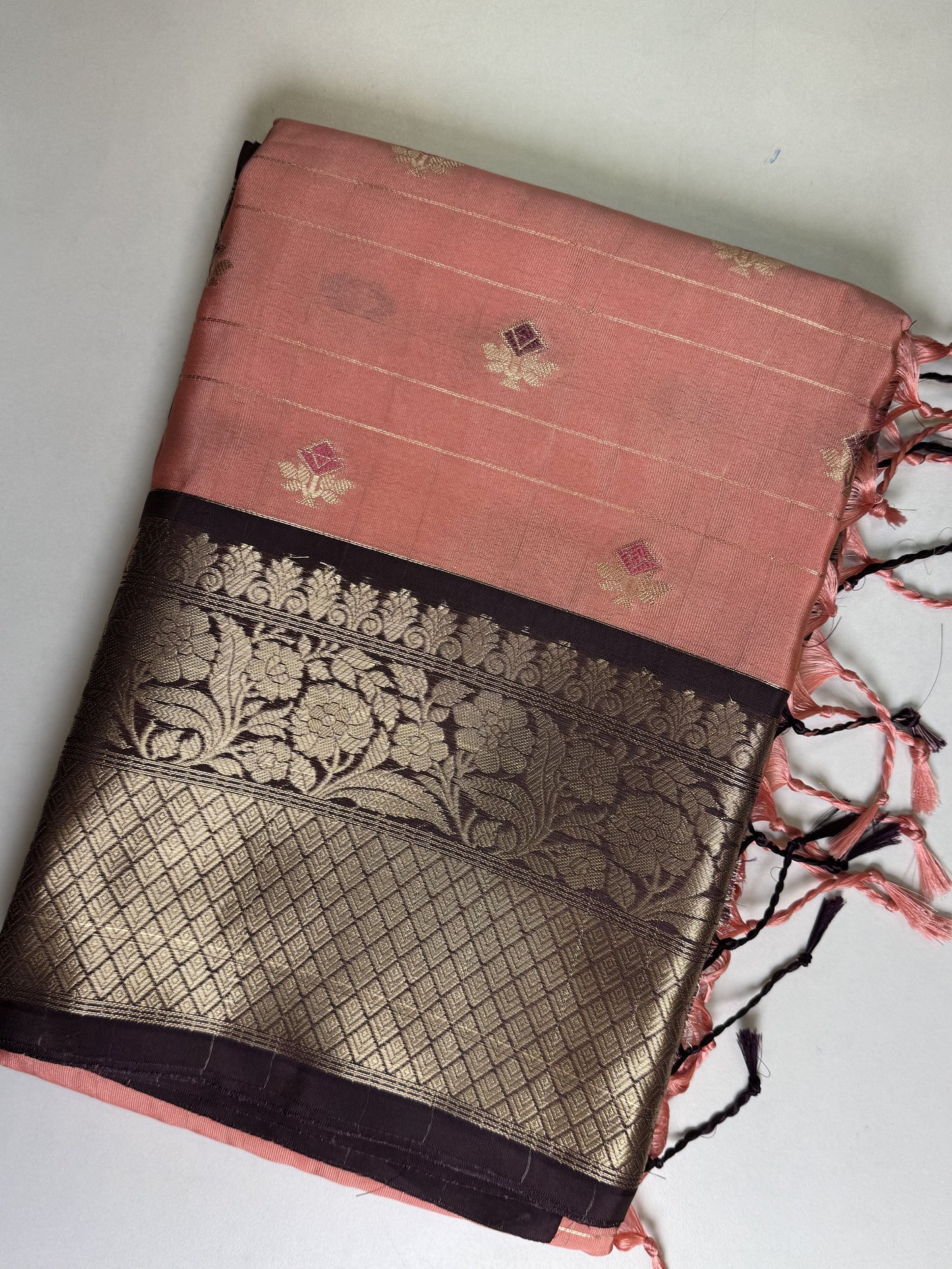 Peach with Brown Semi Silk Saree