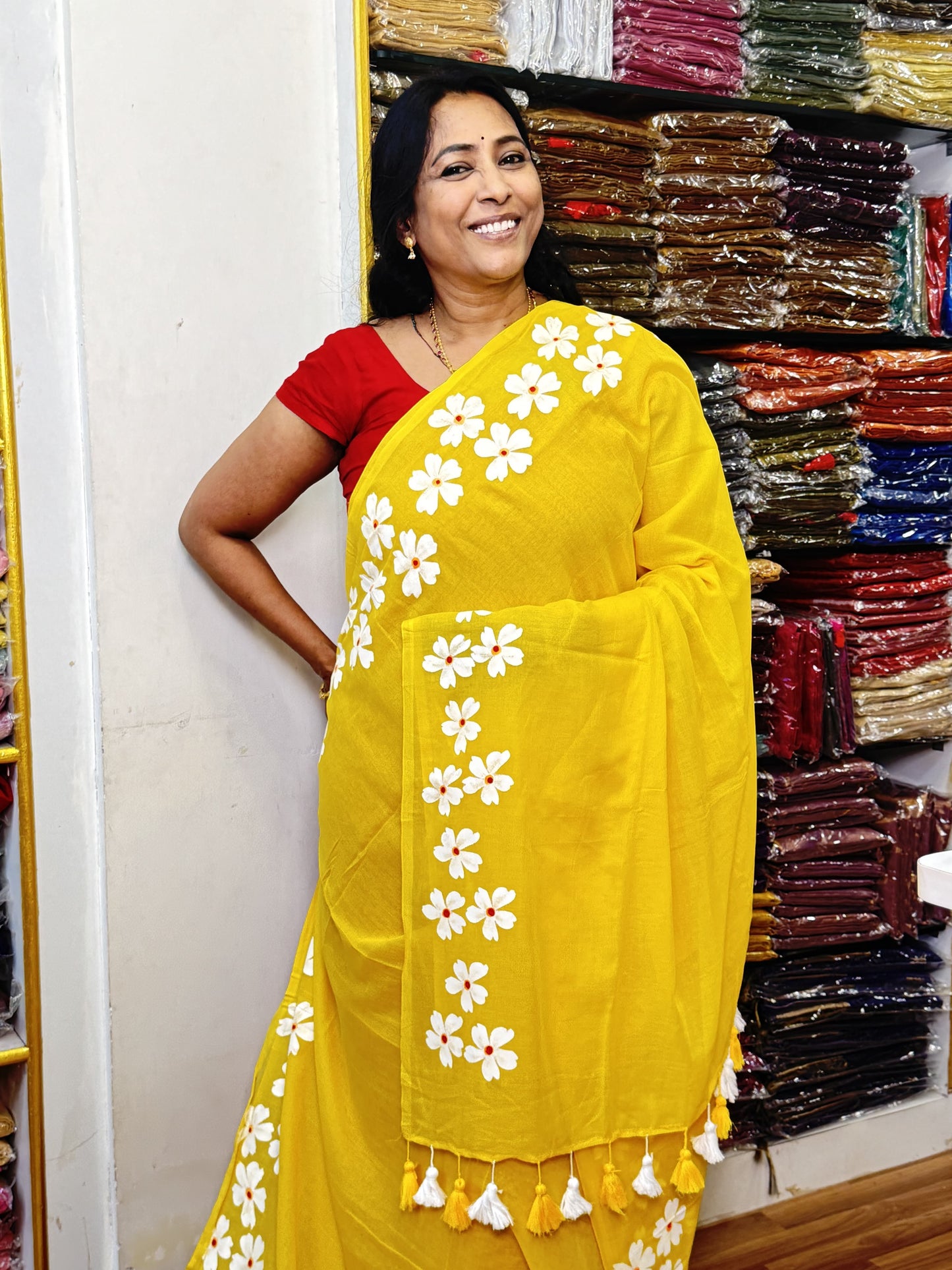 Yellow Pure Mul Cotton Saree