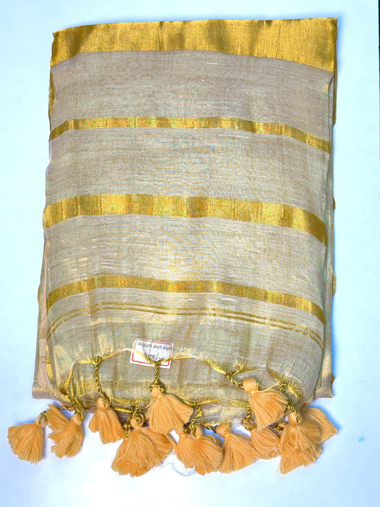 Half-White Plain Khadi Tissue Saree With Border
