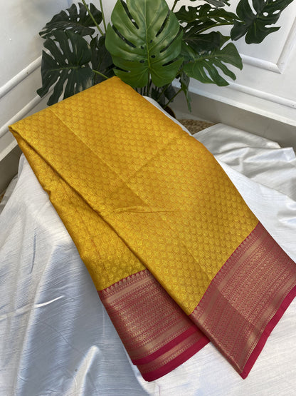 Yellow Pink Kora Muslin Saree with Work blouse combo