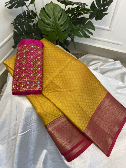 Yellow Pink Kora Muslin Saree with Work blouse combo