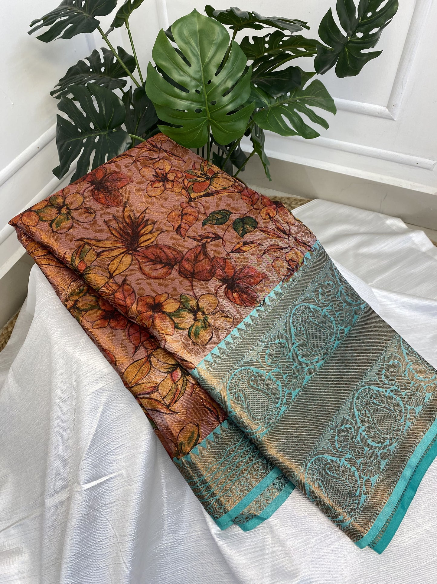 Brown Ramagreen Tissue Saree with Work Blouse Combo