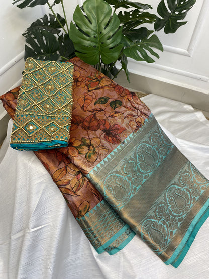 Brown Ramagreen Tissue Saree with Work Blouse Combo