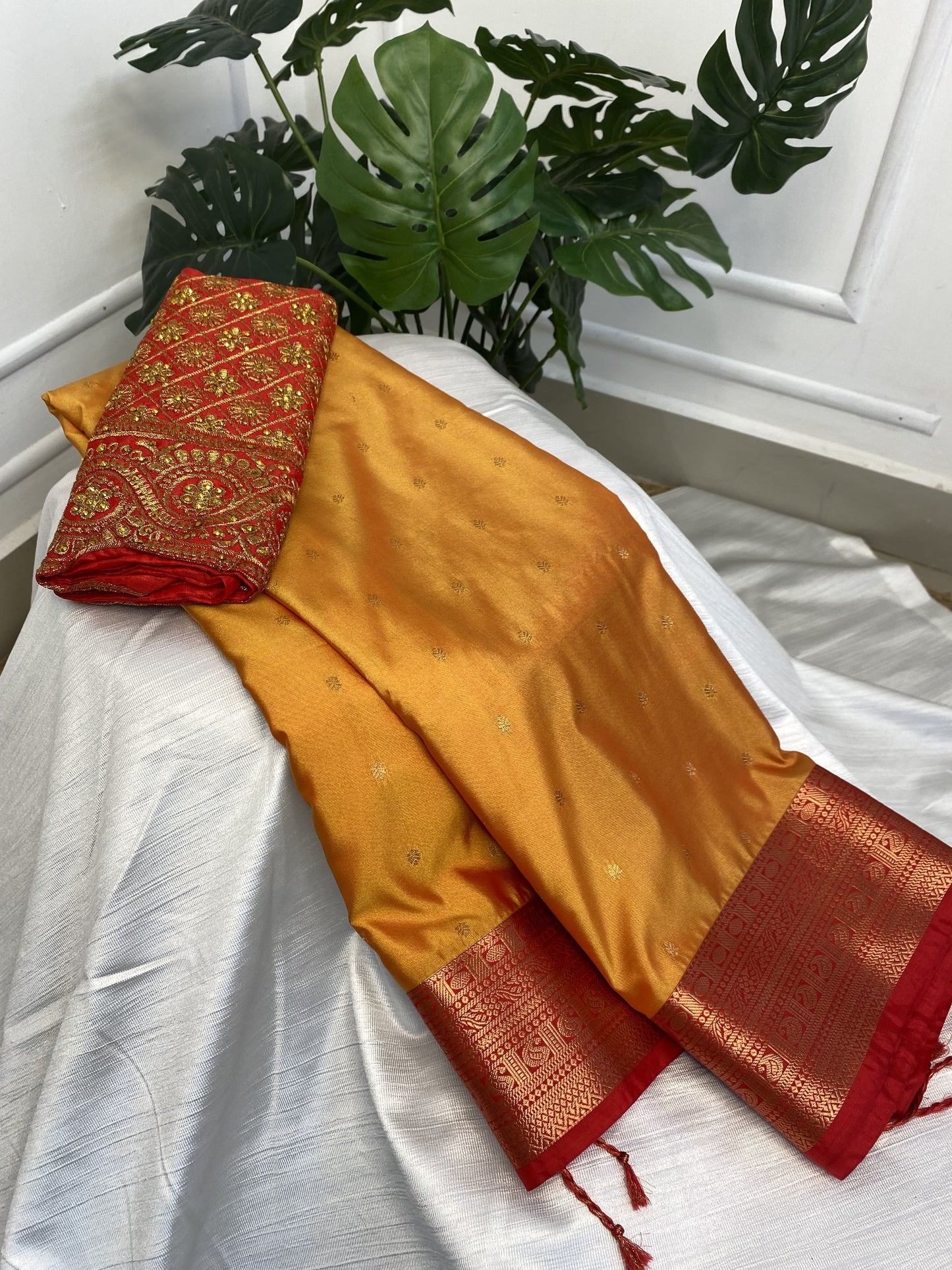 Yellow Red Premium Semi Silk Saree with Free Work Blouse