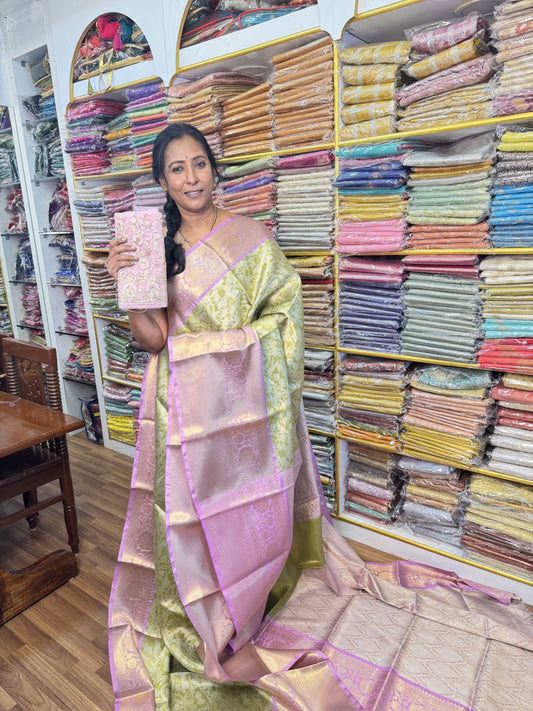 Light Green With Pink Semi Katan Silk Saree