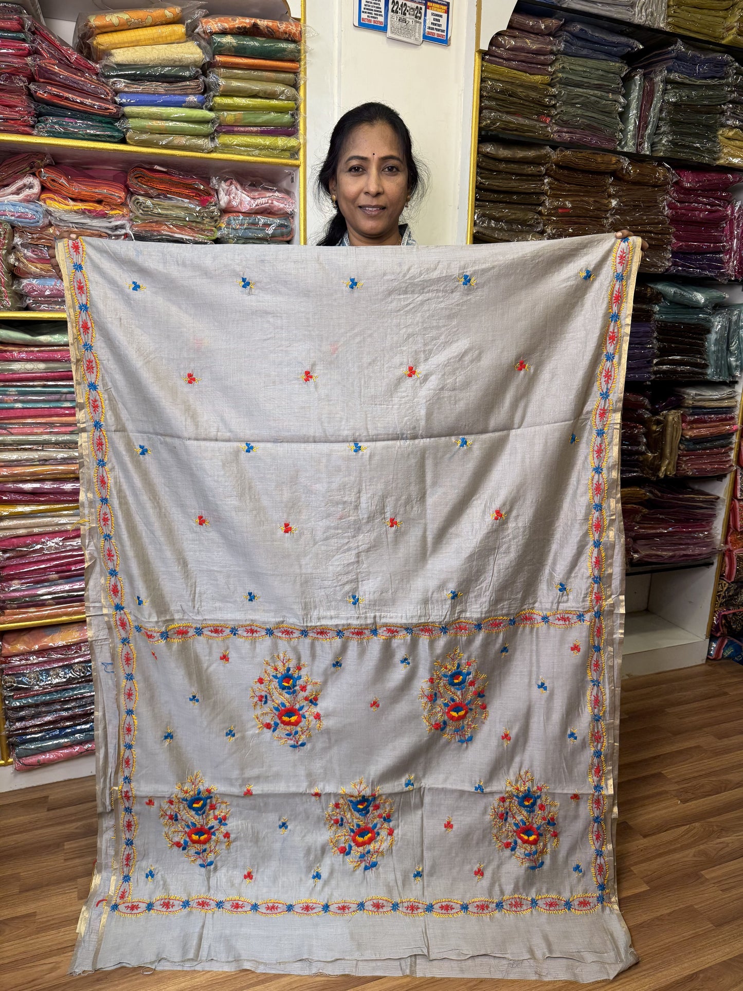Grey Chanderi Semi Silk Saree