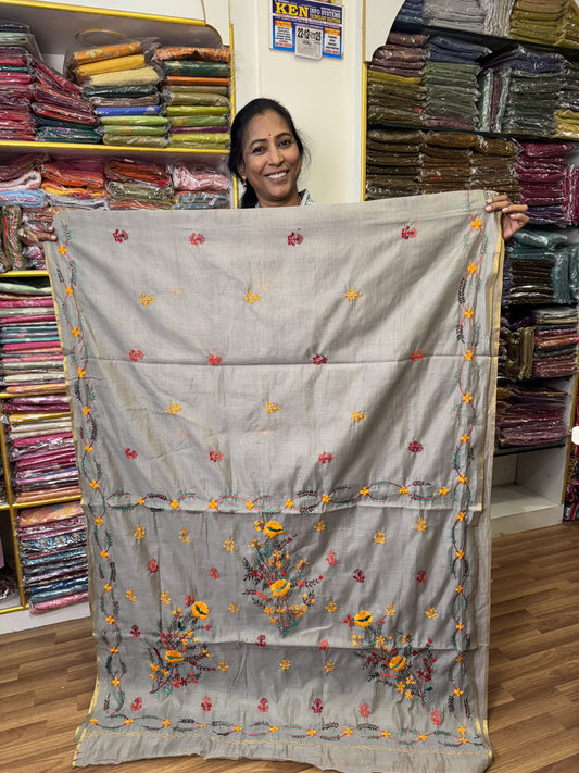 Tan Grey Chanderi Semi Silk Saree