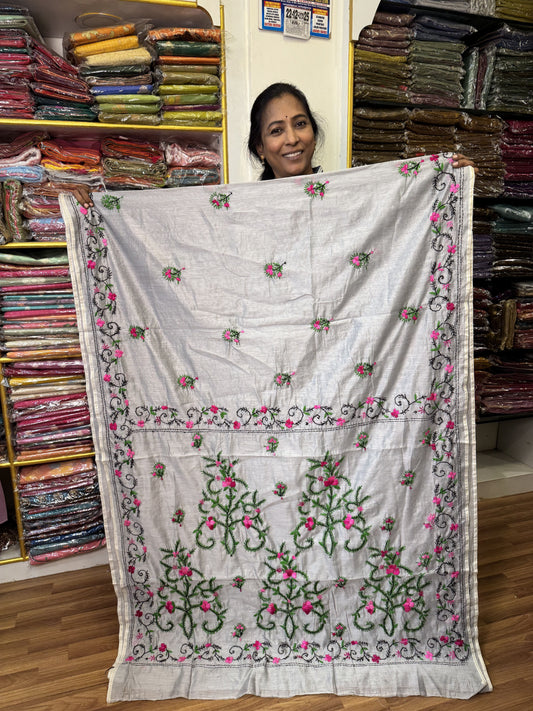 Grey Chanderi Semi Silk Saree