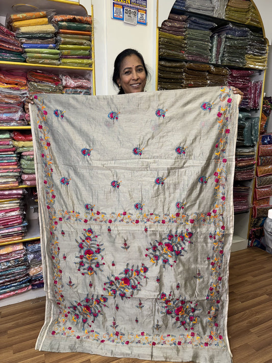 Tan Grey Chanderi Semi Silk Saree