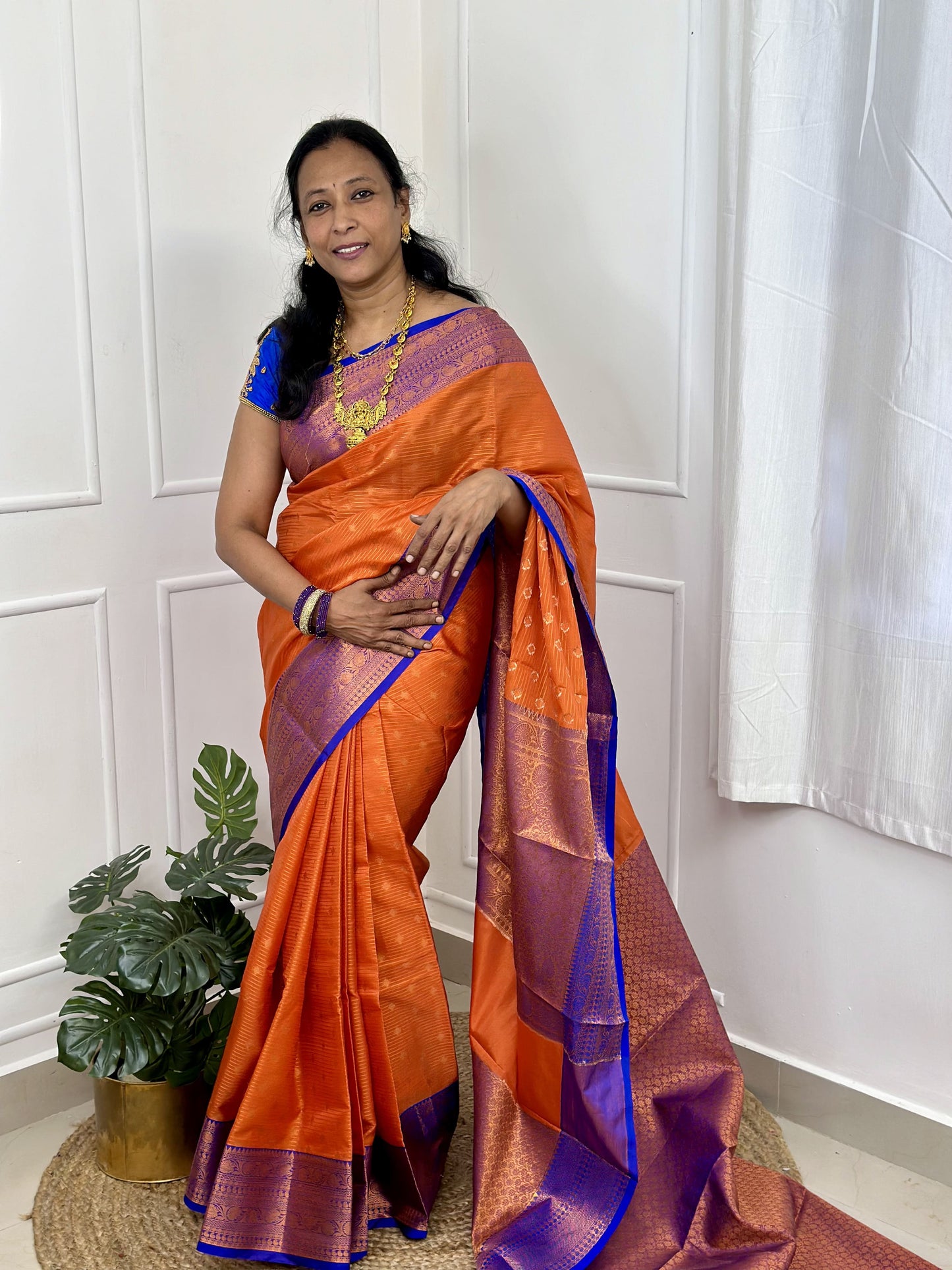 Orange Blue Banarasi Semi Silk Saree with Work Blouse Combo