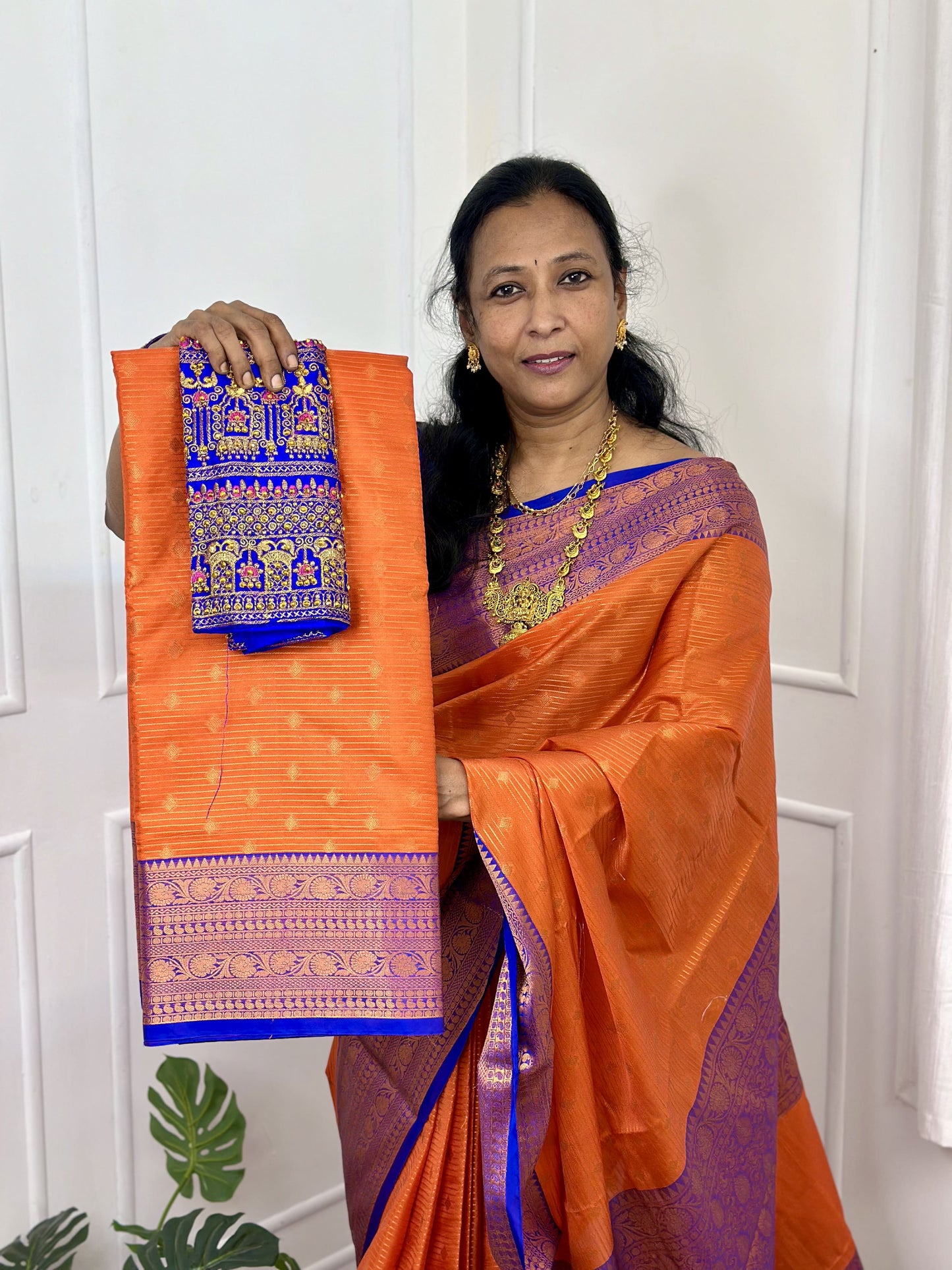 Orange Blue Banarasi Semi Silk Saree with Work Blouse Combo