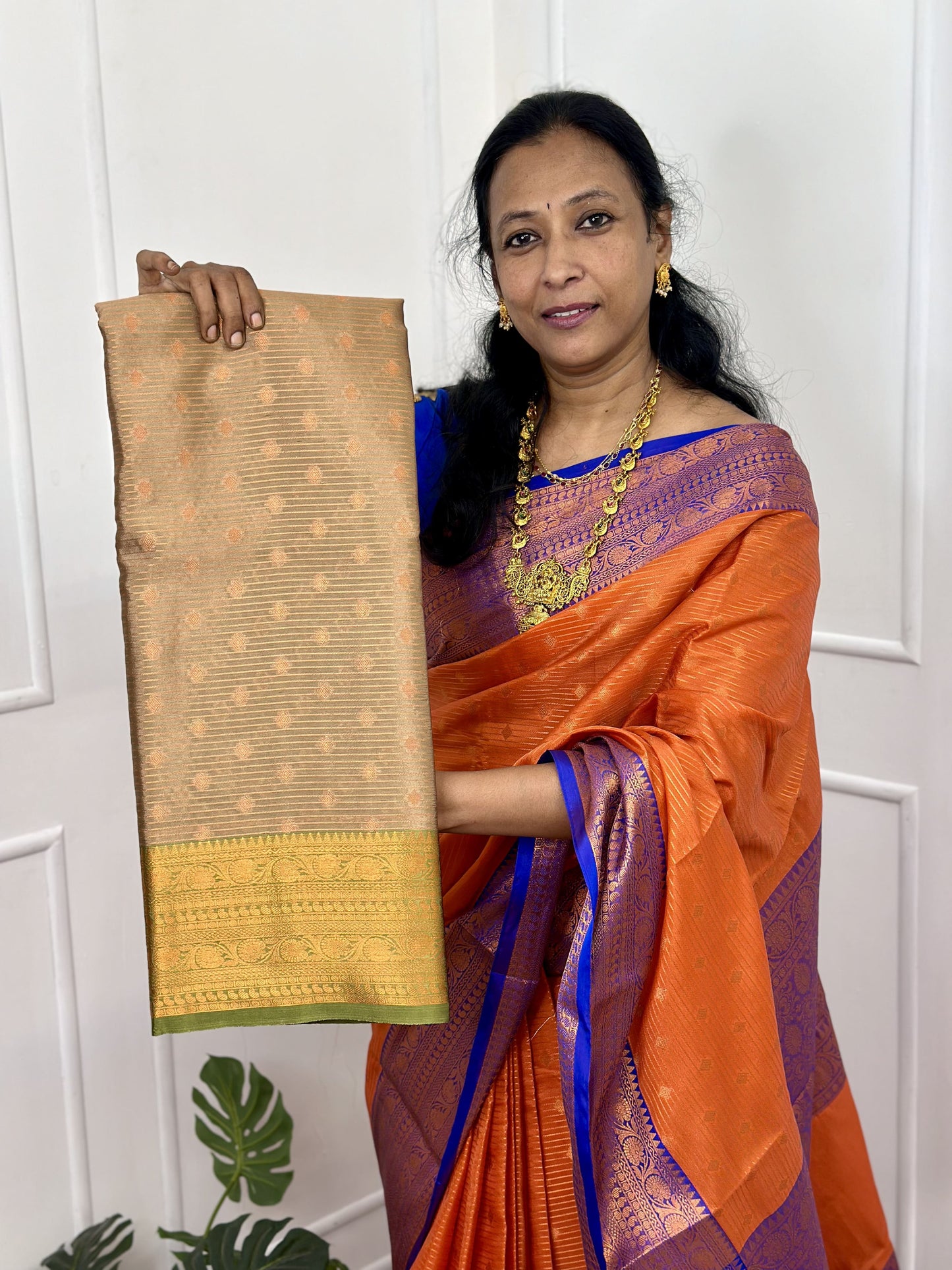 Greenish Gold Banarasi Semi Silk Saree with Work Blouse Combo