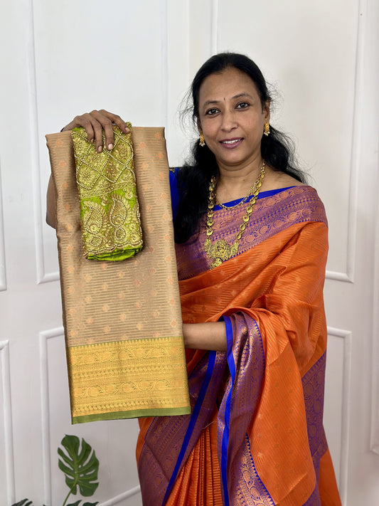 Greenish Gold Banarasi Semi Silk Saree with Work Blouse Combo