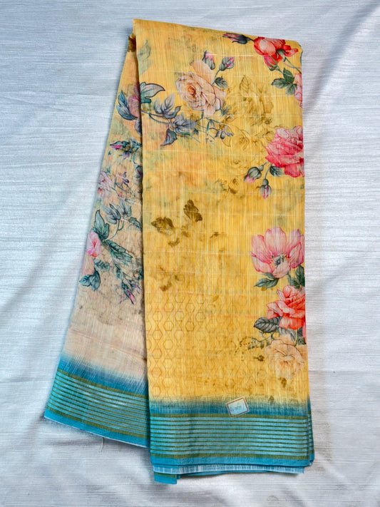 Yellow linen Saree