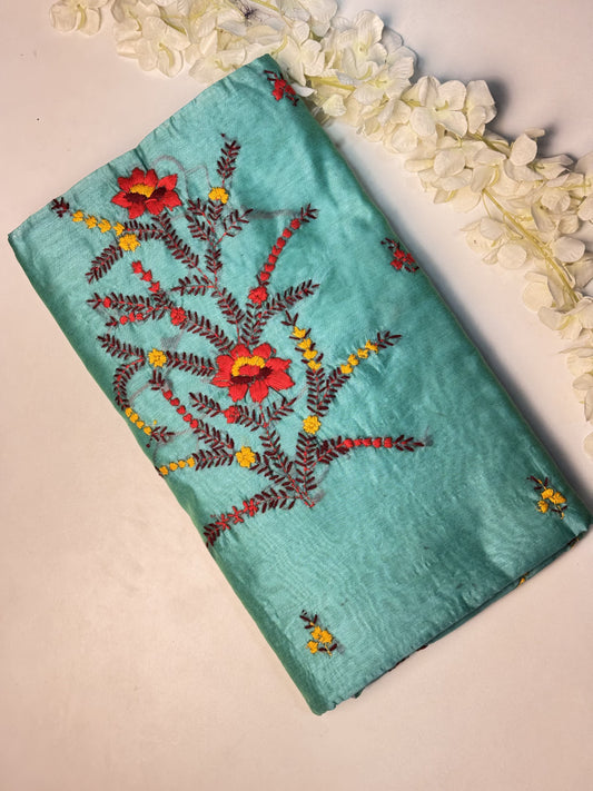 Cyan Chanderi Semi Silk Saree