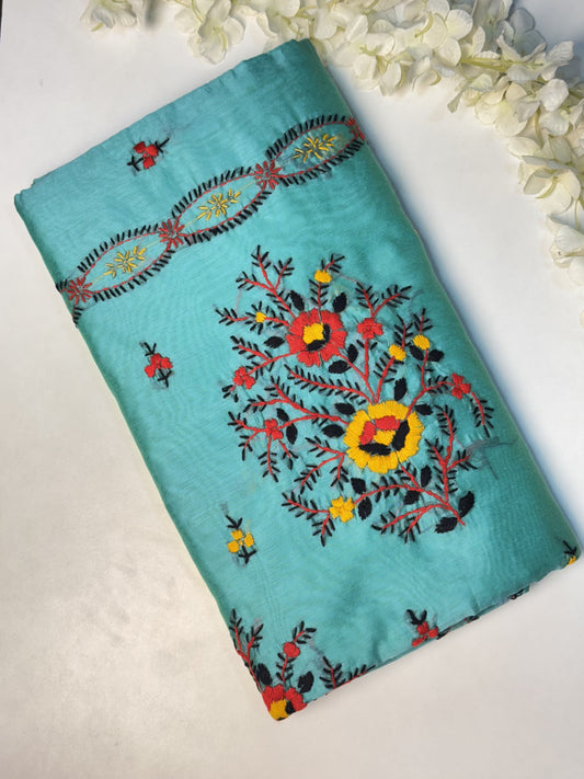 Aqua Blue Chanderi Semi Silk Saree