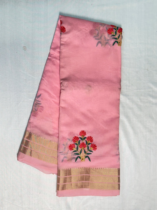 Pink Cotton Saree With Embroidery Design