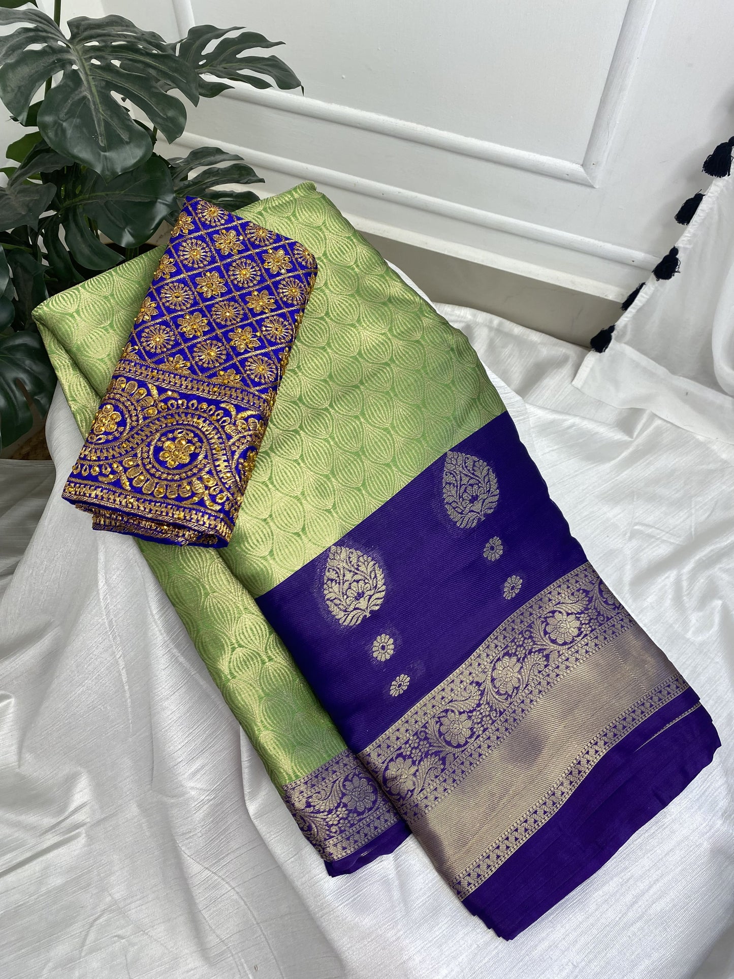 Light Green Blue Tissue Saree with Work Blouse Combo