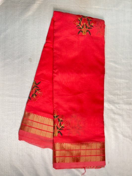 Dark Peach Cotton Saree With Embroidery Design