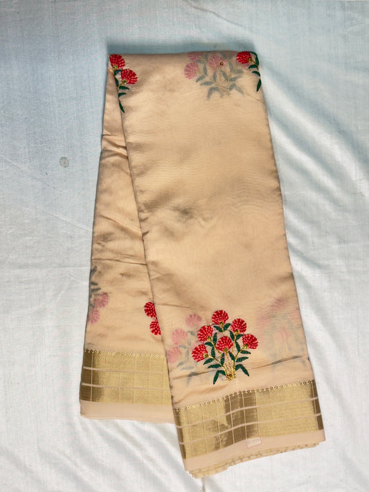 Sandal Cotton Saree With Embroidery Design