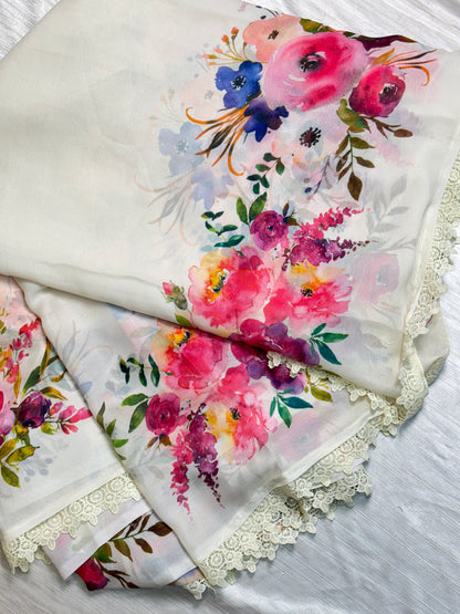 White Butter Chiffon Saree