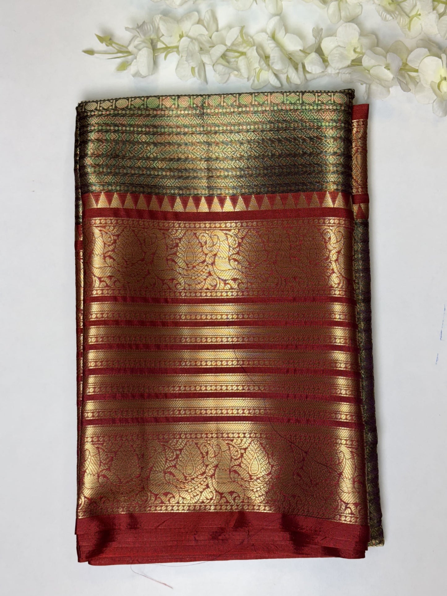 Grey with Maroon Border Semi Kathan Saree