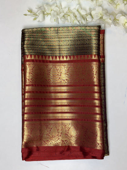 Grey with Maroon Border Semi Kathan Saree
