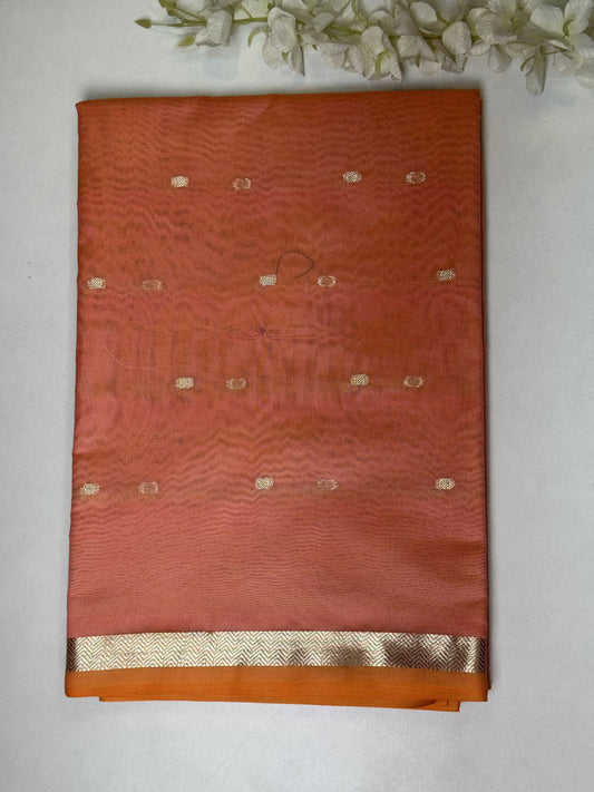 Dark Peach, Light Green Pallu Chanderi Cotton Saree