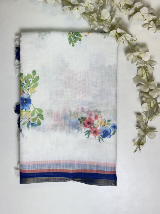 White Linen Cotton Saree