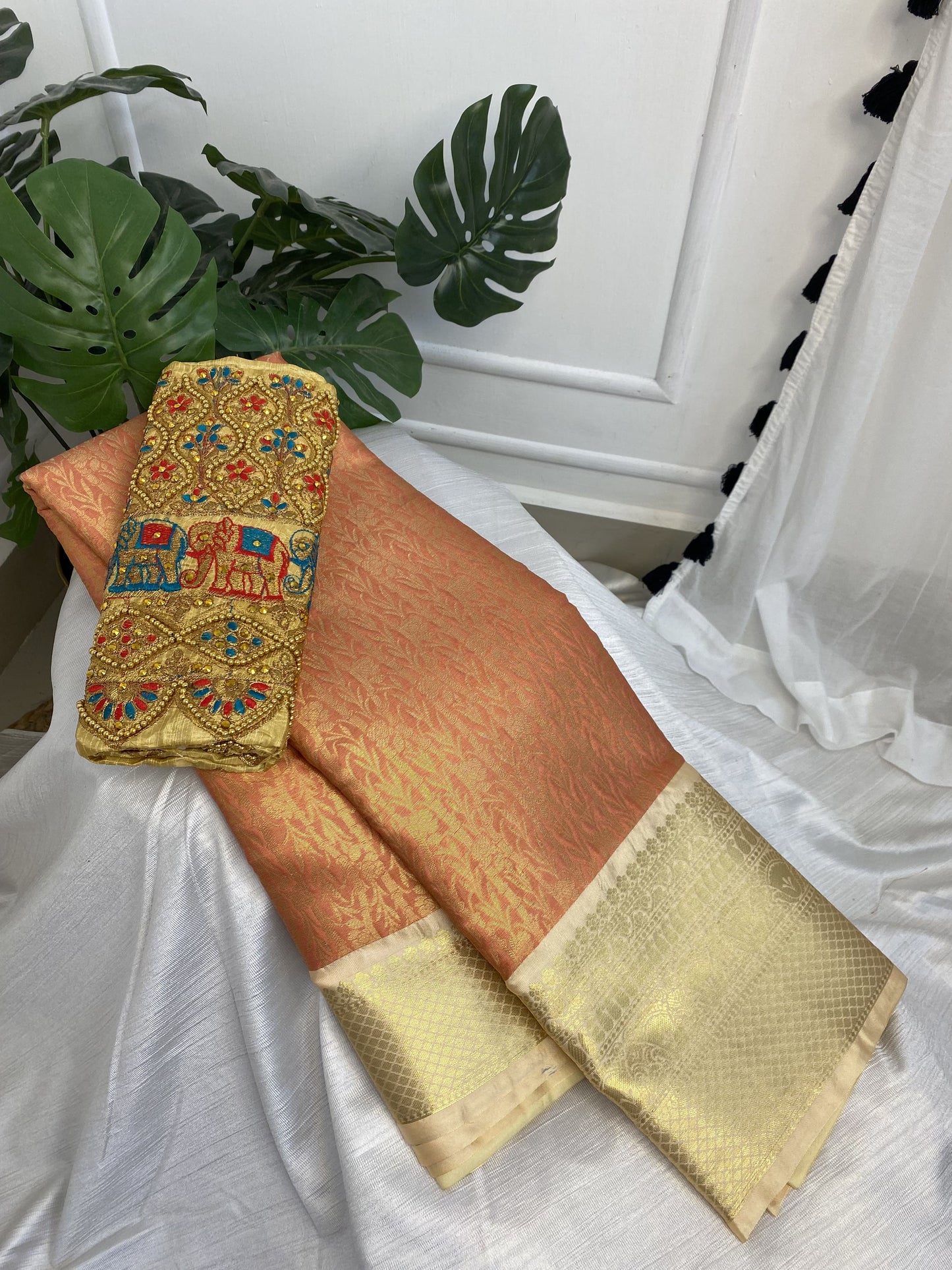 Peach Semi Silk Saree with Work Blouse Combo