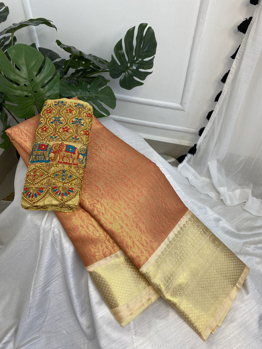 Peach Semi Silk Saree with Work Blouse Combo