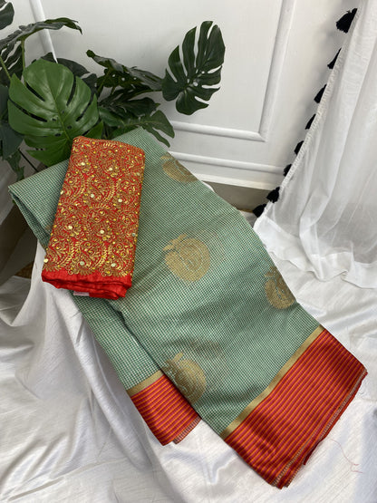 Light Ramagreen Soft Silk Saree with Work Blouse Combo