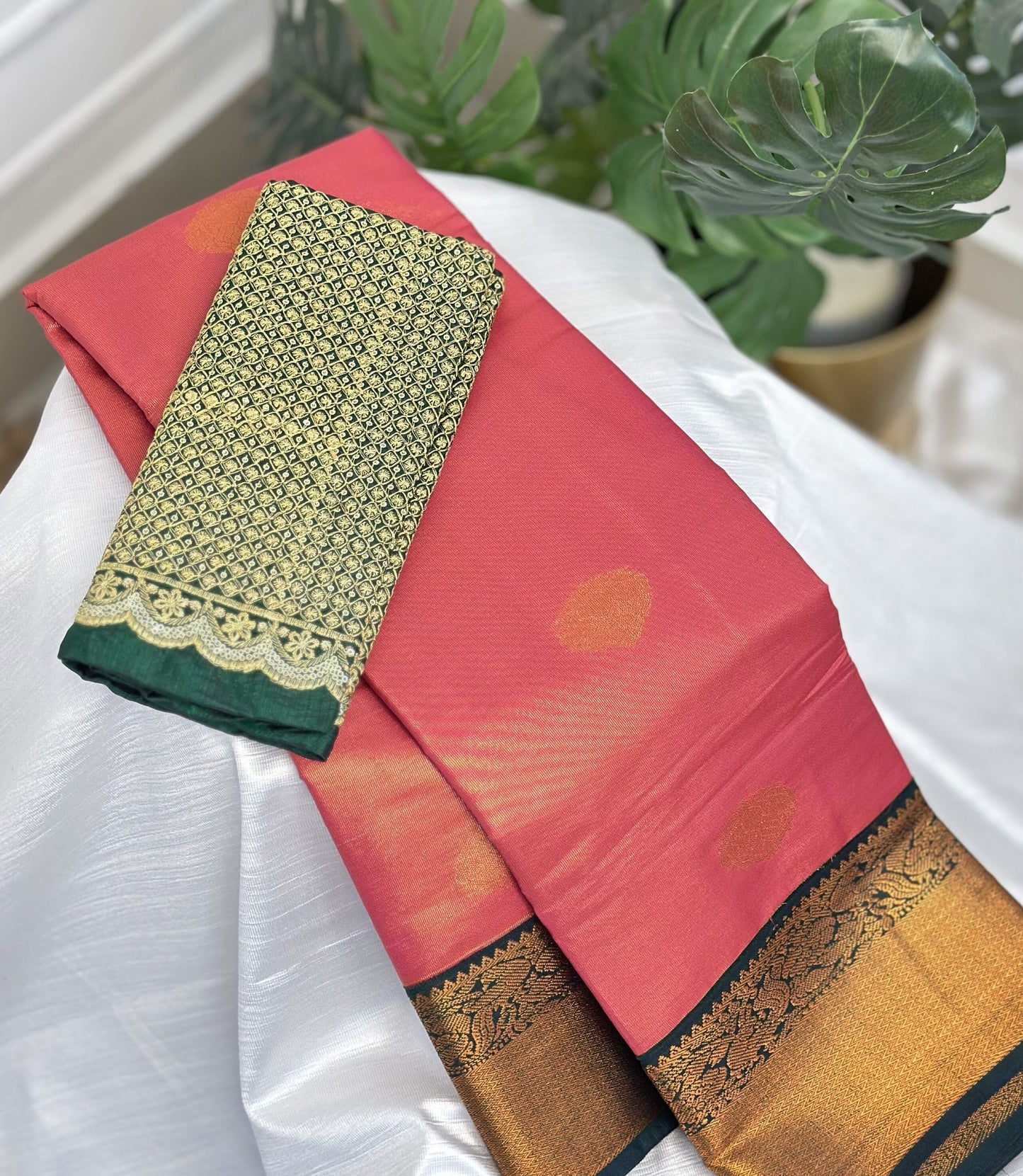 Tomato Pink Premium Semi Silk Saree with Work Blouse Combo