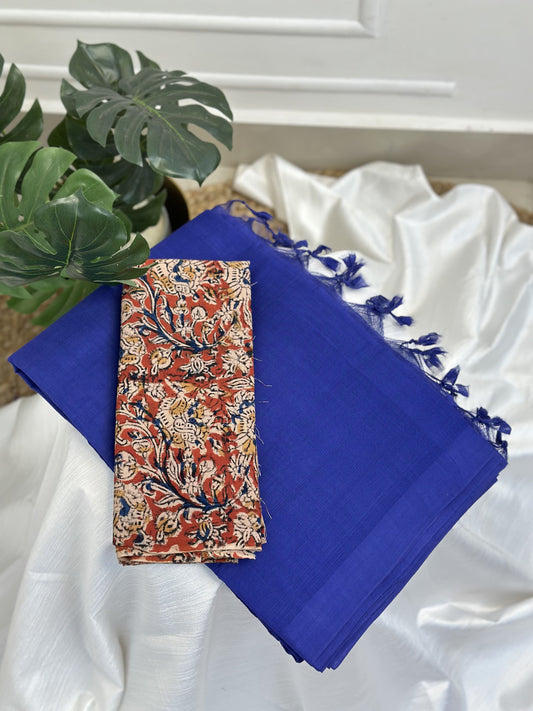 Royal Blue Plain Mangalgiri Cotton Saree with printed blouse