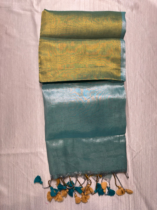 Rama Green & Sea Foam Green Plain Tissue Saree
