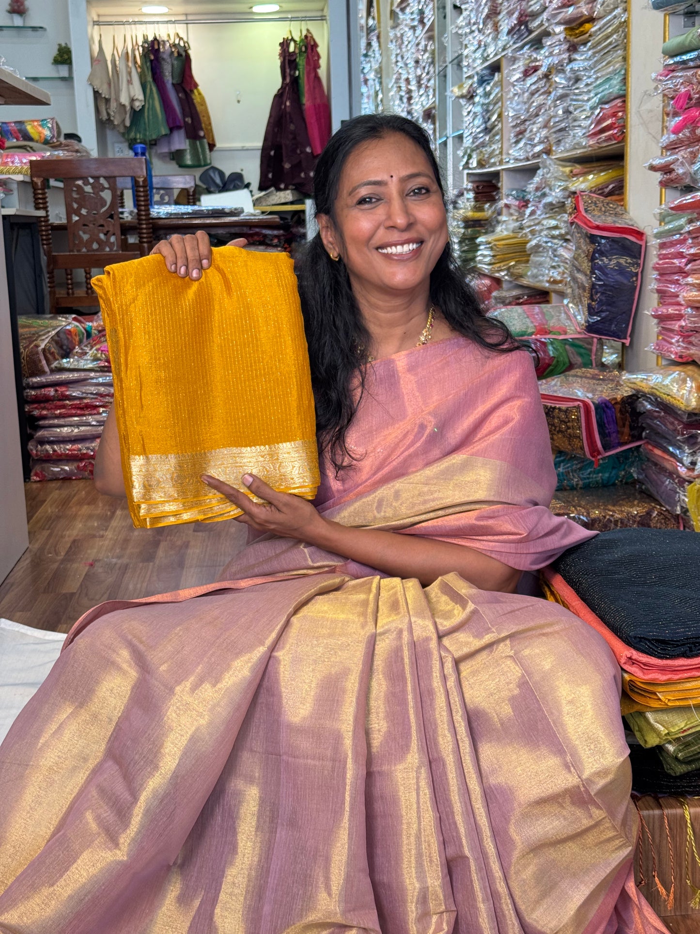 ORANGE viscose chinnon tissue saree