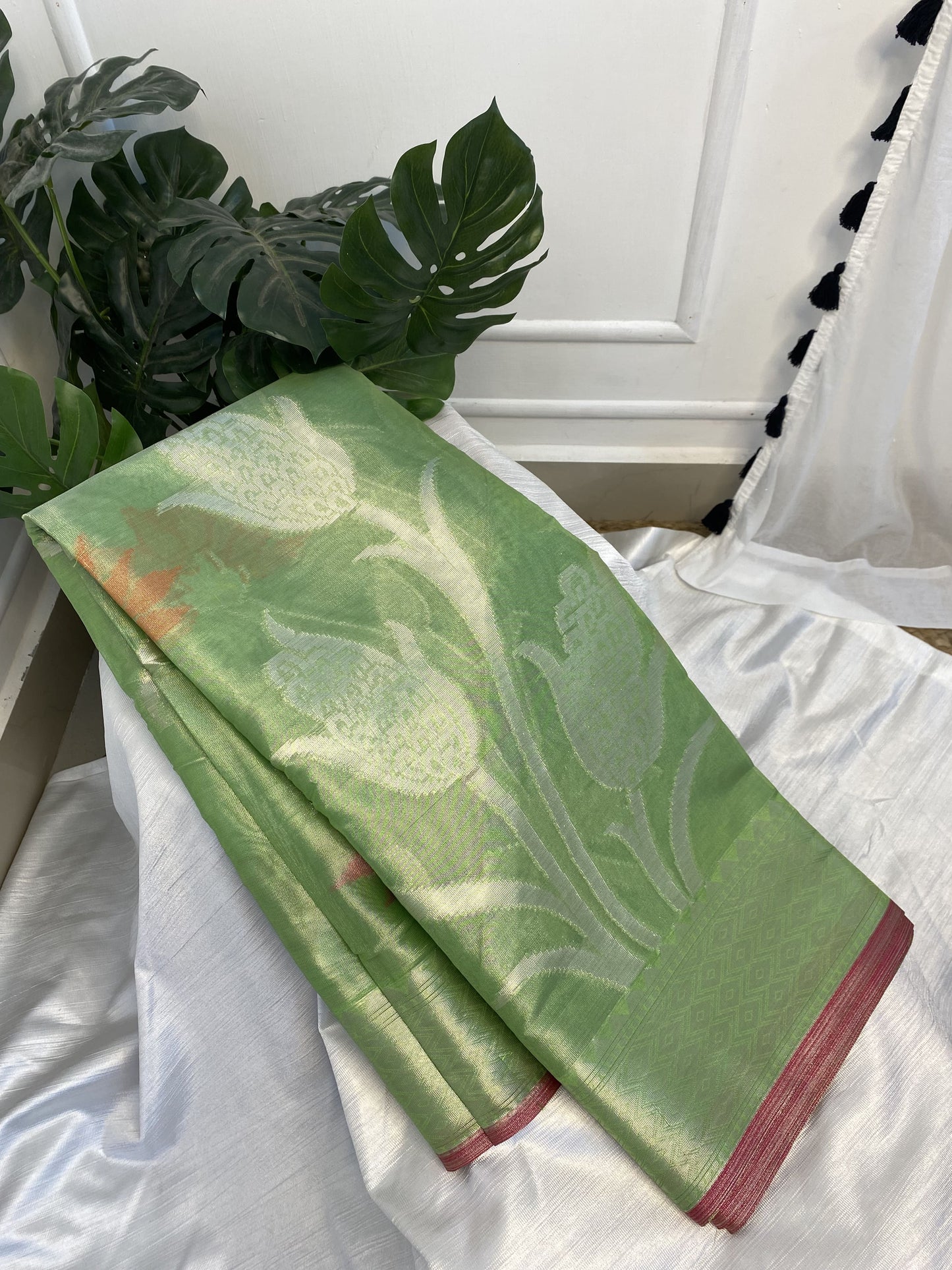 Green Tissue Saree with Work Blouse Combo