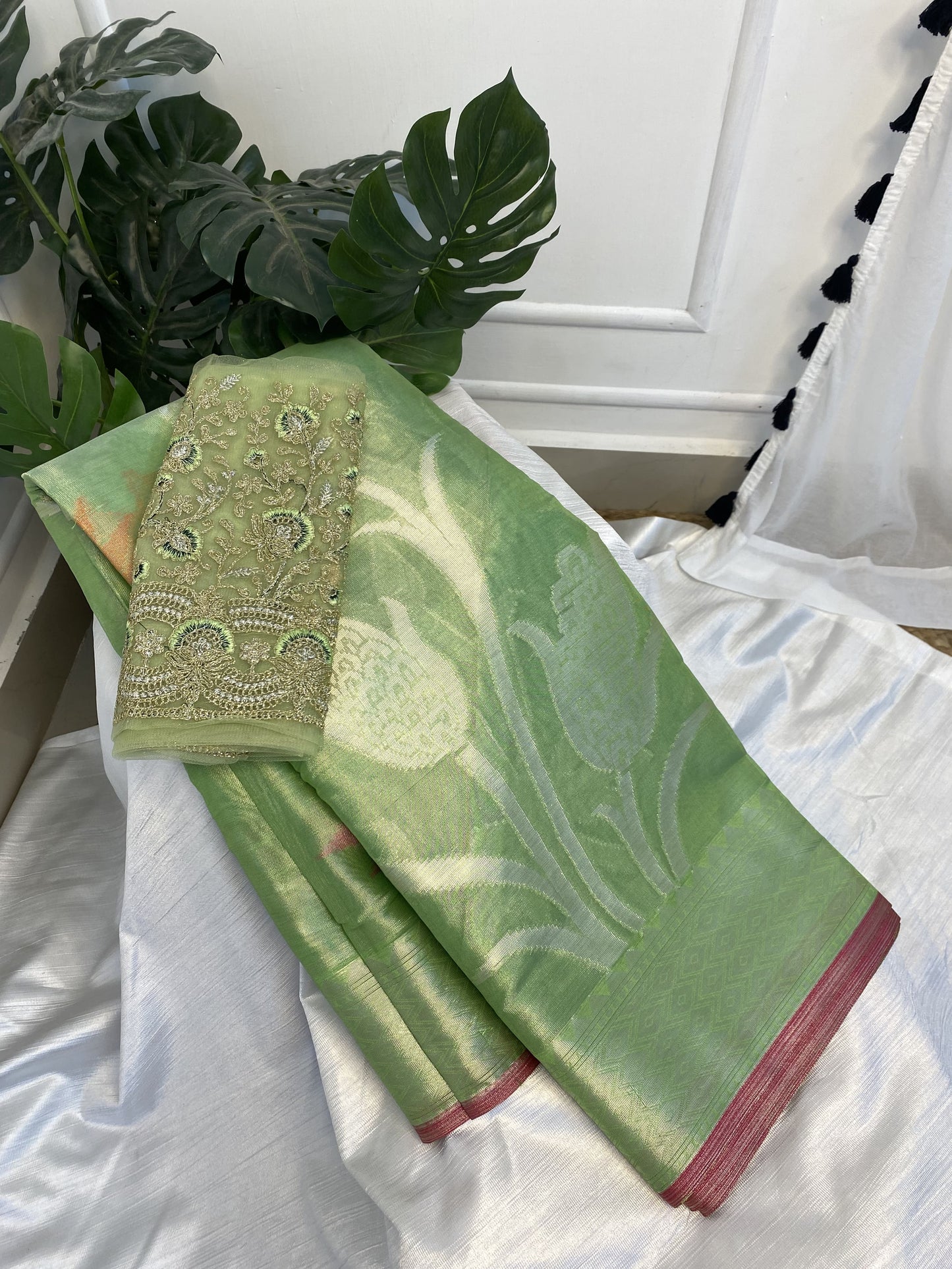 Green Tissue Saree with Work Blouse Combo